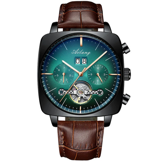 Luckacco AILANG Fashion Green Big Dial Square Mechanical Watch for Men Leather Strap Waterproof Tourbillon Watches Mens Relogio Masculino