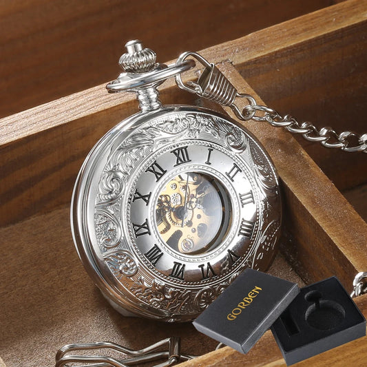 Luckacco Vintage 2 Sides Open Case Mechanical Men's Watch Double Face Roman Dial Clock Hand Wind Pocket Watch With FOB Chain Gift