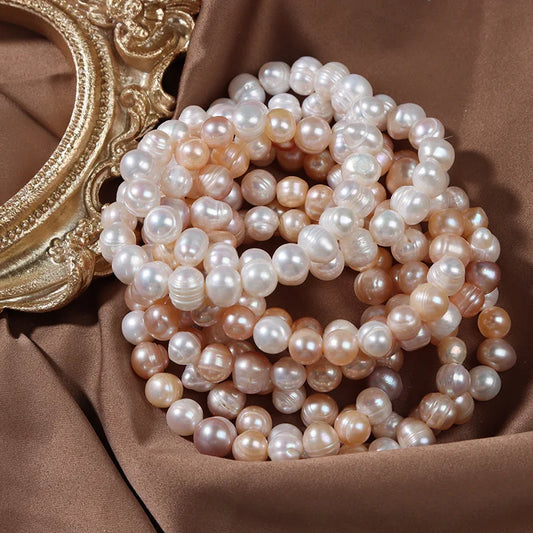 Luckacco Elegant Natural Freshwater Pearl Bracelets for Women White Baroque Pearl Charm Elastic Bangle Fine Jewelry Wedding Party 8-9mm