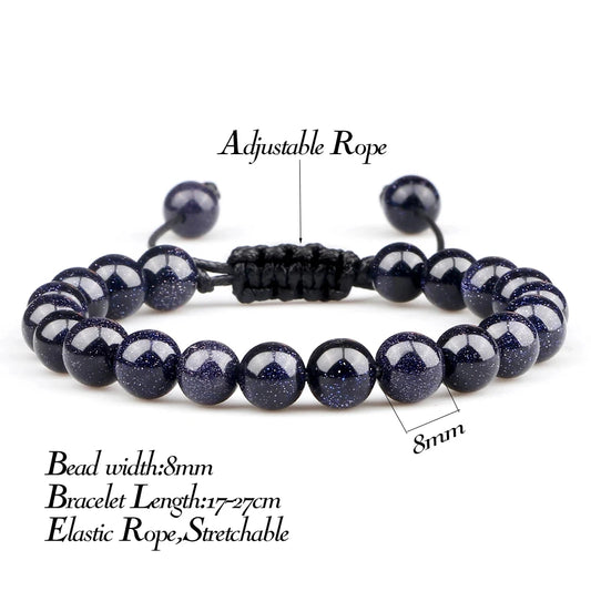 Luckacco Blue Sandstone Beads Bracelet for Women Men Goldstone Quartz Round Beads Bracelet Handmade Adjustable Rope Shining Wrist Jewelry
