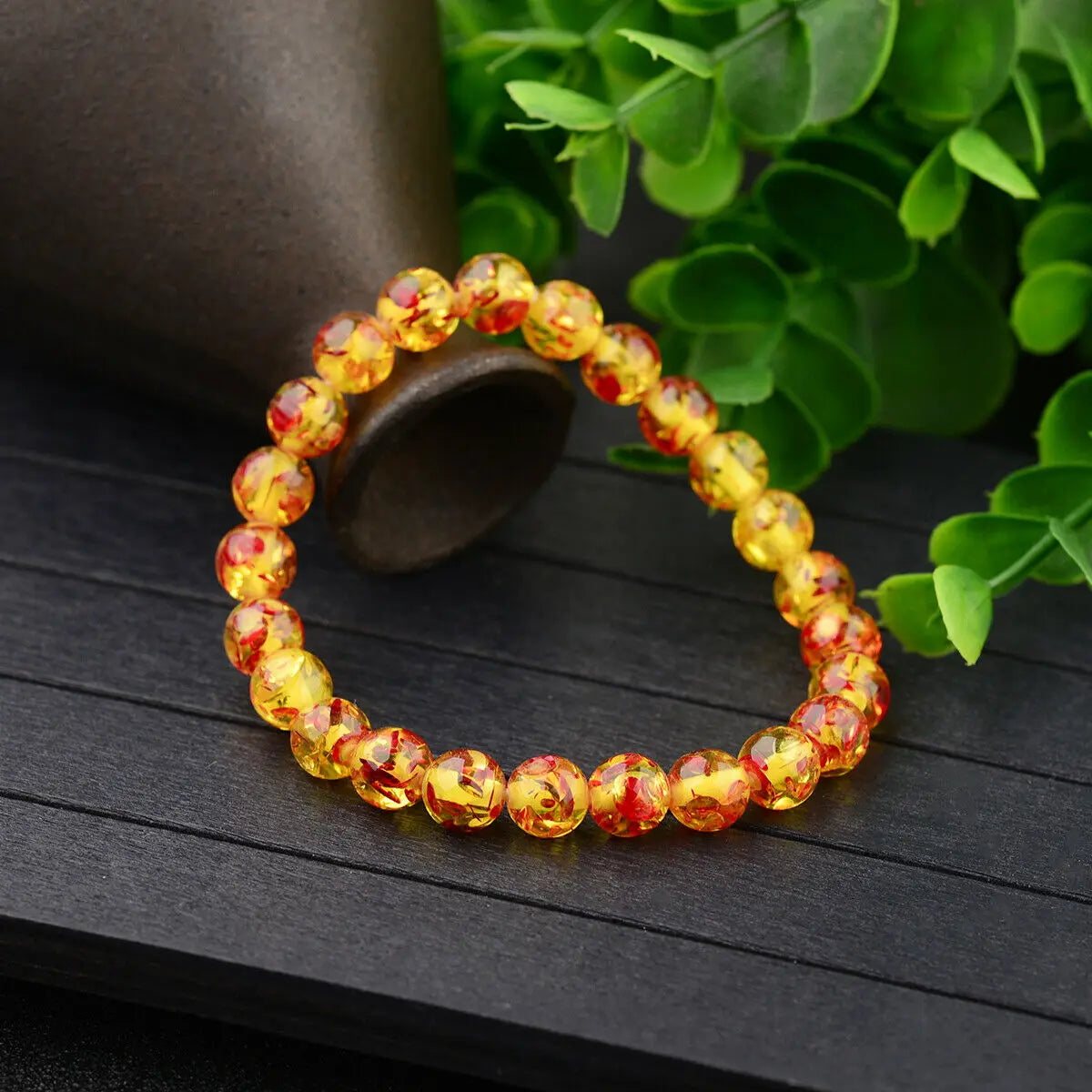 luckacco 8mm natural amber stone round bead bracelet elastic stretch bangle bracelet buddha bracelet charm women men hand jewelry