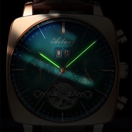 Luckacco AILANG Fashion Green Big Dial Square Mechanical Watch for Men Leather Strap Waterproof Tourbillon Watches Mens Relogio Masculino