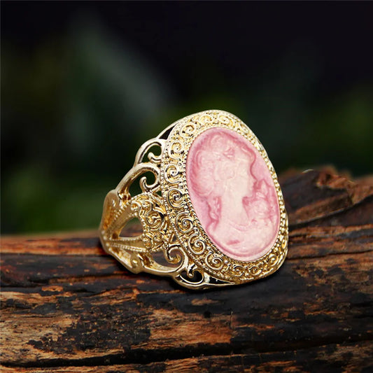 Luckacco 6 Colors Lady Queen Cameo Rings For Women Gold Color Pink Blue Gray Fashion Hollow Flower Lady Cameo Ring