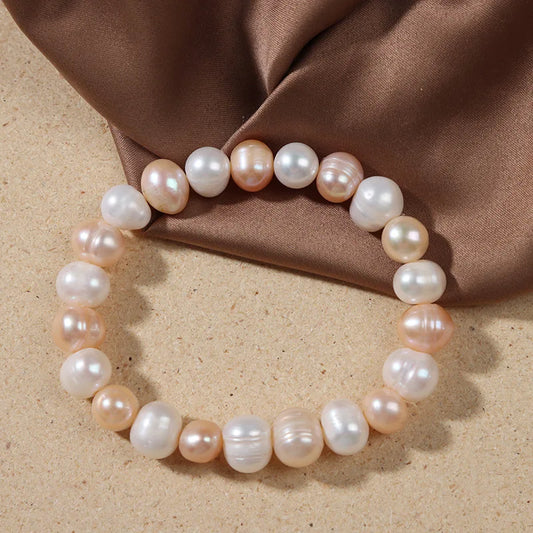Luckacco Elegant Natural Freshwater Pearl Bracelets for Women White Baroque Pearl Charm Elastic Bangle Fine Jewelry Wedding Party 8-9mm