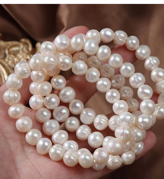 Luckacco Elegant Natural Freshwater Pearl Bracelets for Women White Baroque Pearl Charm Elastic Bangle Fine Jewelry Wedding Party 8-9mm