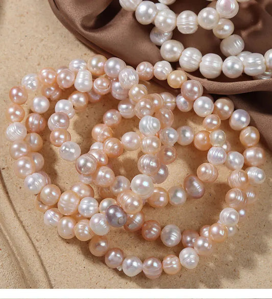 Luckacco Elegant Natural Freshwater Pearl Bracelets for Women White Baroque Pearl Charm Elastic Bangle Fine Jewelry Wedding Party 8-9mm