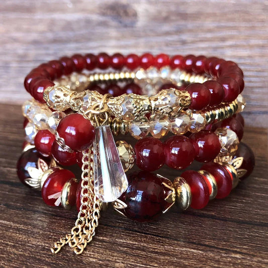 Luckacco Bohemian 4pcs Crystal Multi-layer Beaded Bracelet for Women Sweet Girls Colorful Round Shape Jewelry Friendship  Gifts