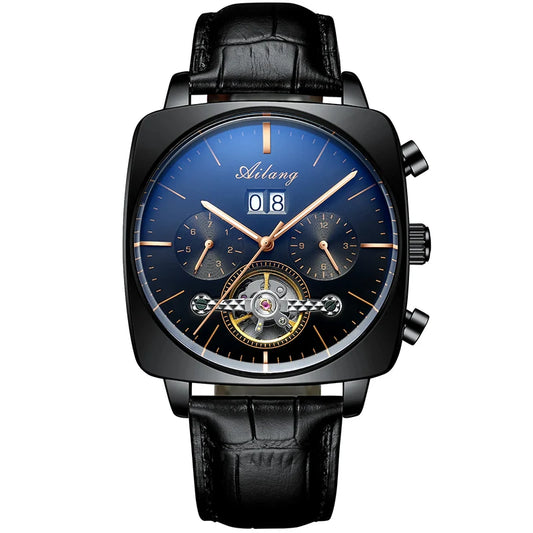 Luckacco AILANG Fashion Green Big Dial Square Mechanical Watch for Men Leather Strap Waterproof Tourbillon Watches Mens Relogio Masculino