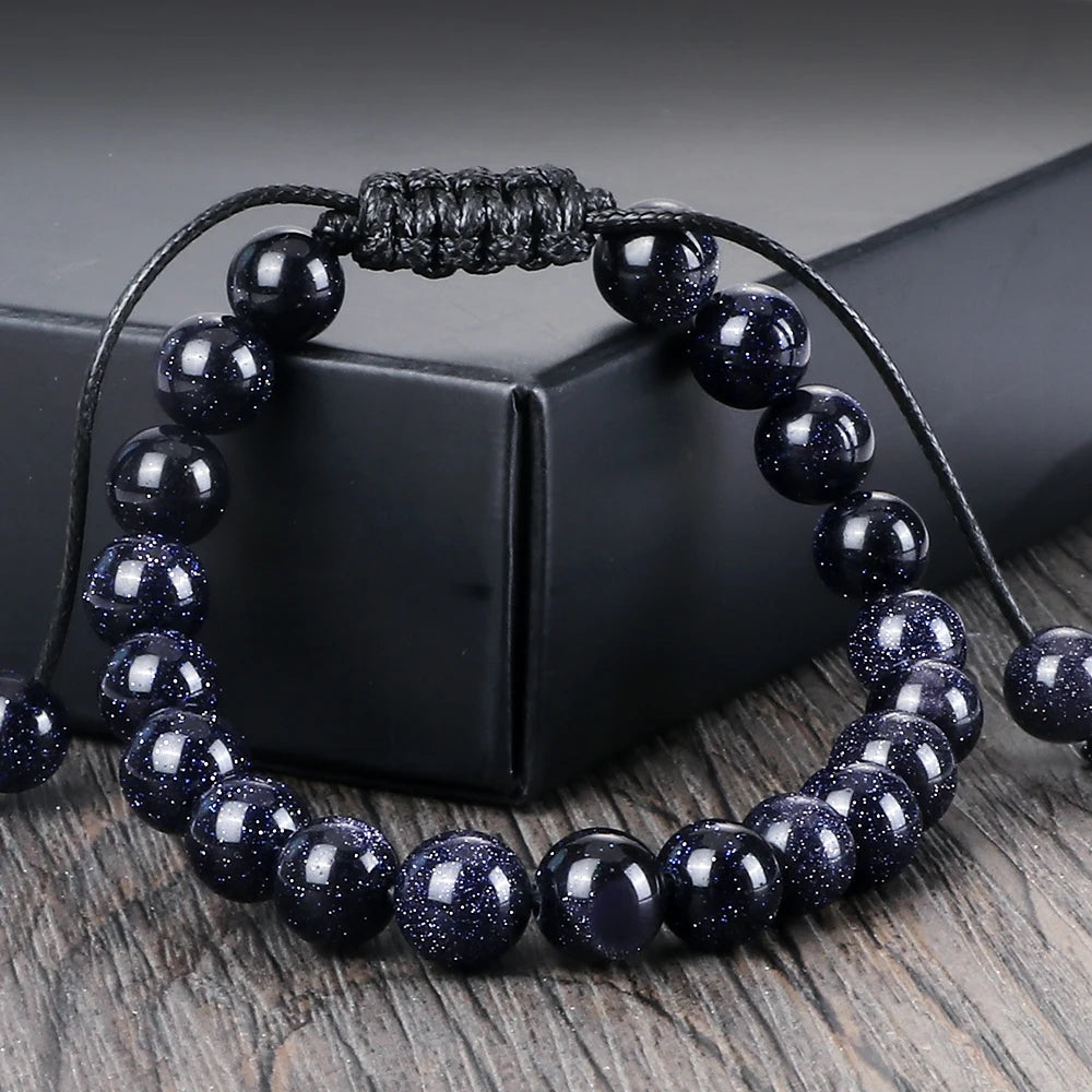 luckacco blue sandstone beads bracelet for women men goldstone quartz round beads bracelet handmade adjustable rope shining wrist jewelry