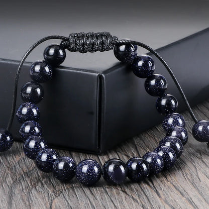 Luckacco Blue Sandstone Beads Bracelet for Women Men Goldstone Quartz Round Beads Bracelet Handmade Adjustable Rope Shining Wrist Jewelry