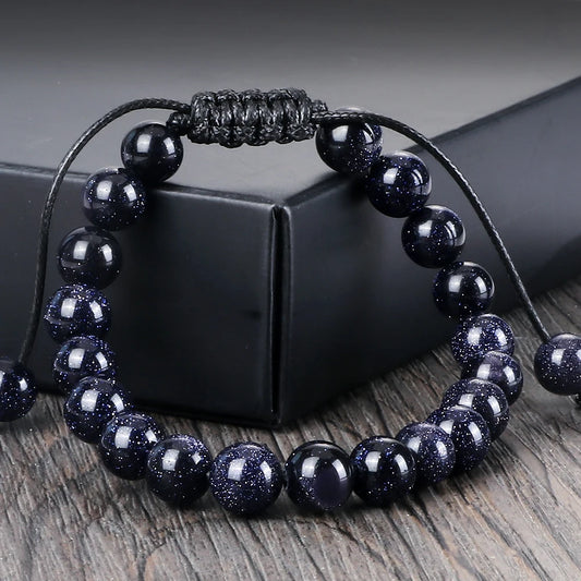 Luckacco Blue Sandstone Beads Bracelet for Women Men Goldstone Quartz Round Beads Bracelet Handmade Adjustable Rope Shining Wrist Jewelry