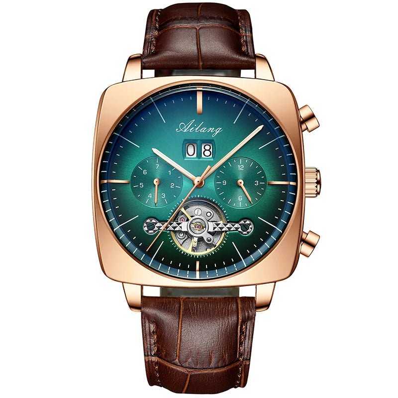 luckacco ailang fashion green big dial square mechanical watch for men leather strap waterproof tourbillon watches mens relogio masculino