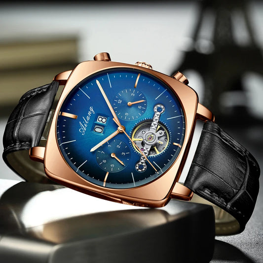 Luckacco AILANG Fashion Green Big Dial Square Mechanical Watch for Men Leather Strap Waterproof Tourbillon Watches Mens Relogio Masculino