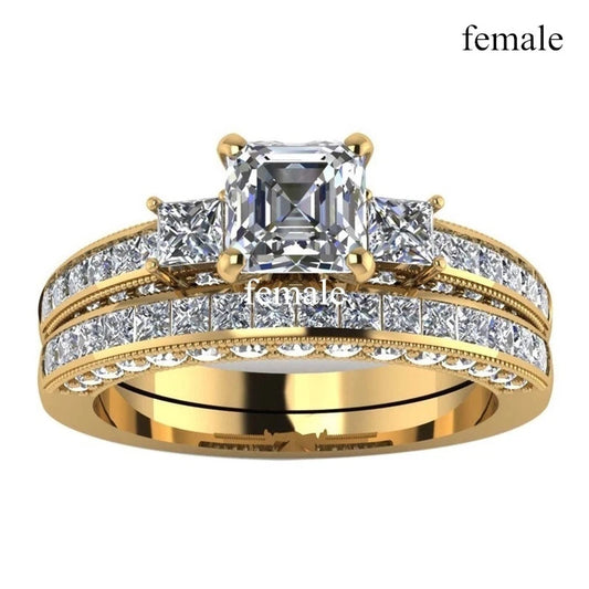 Luckacco Charm Gold-Color Couple Rings - Men's Stainless Steel Dragon Pattern Rings Women's White Zircon Ring Set Bridal Wedding Jewelry
