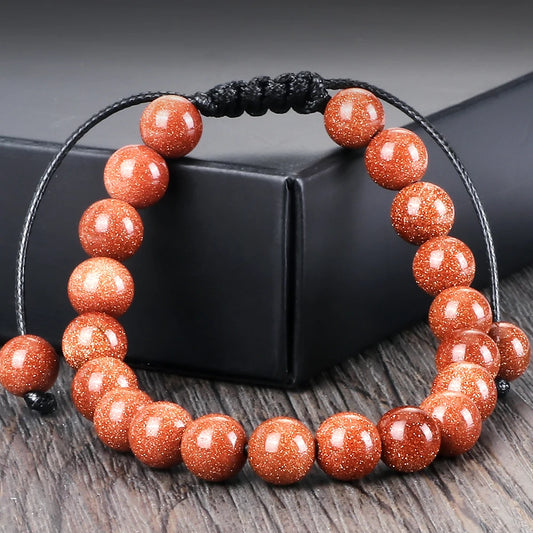 Luckacco Blue Sandstone Beads Bracelet for Women Men Goldstone Quartz Round Beads Bracelet Handmade Adjustable Rope Shining Wrist Jewelry