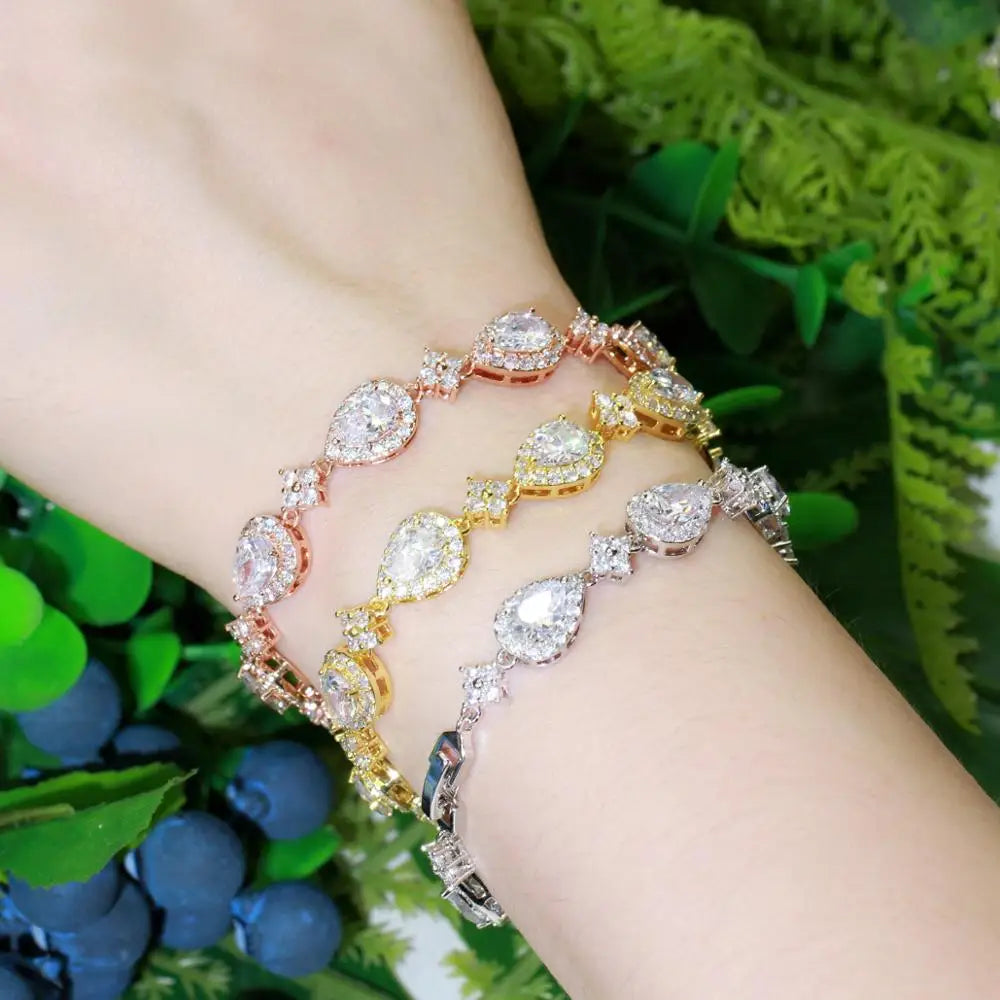 luckacco cwwzircons top bling big water drop cubic zirconia rose gold color tennis bracelet for women trendy party wedding jewelry cb238