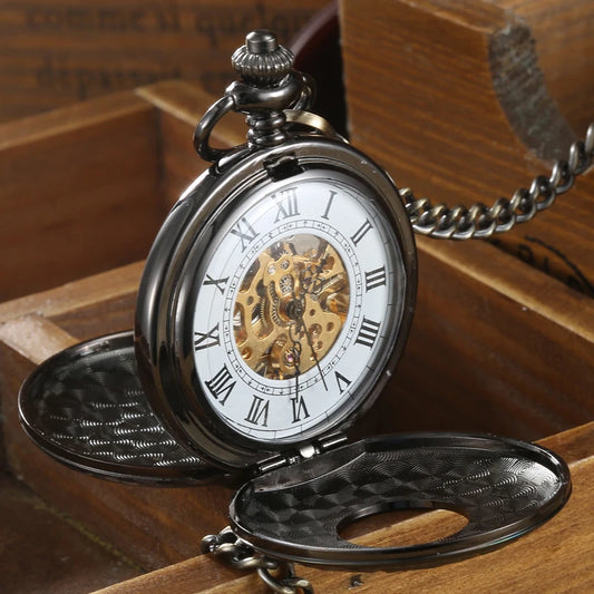 Luckacco Vintage 2 Sides Open Case Mechanical Men's Watch Double Face Roman Dial Clock Hand Wind Pocket Watch With FOB Chain Gift