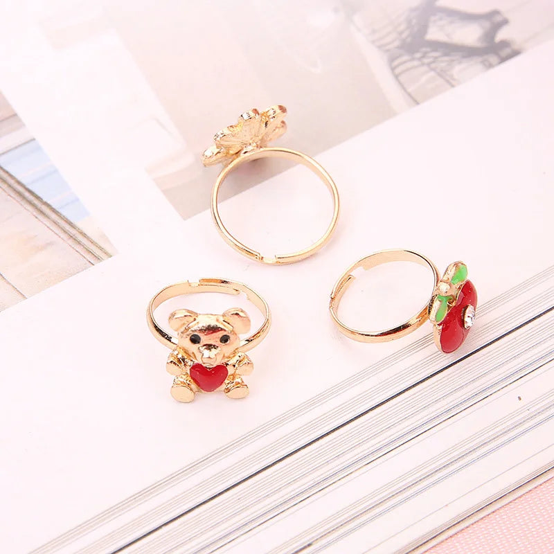 luckacco 10pcs cute cartoon kids rings kawaii korean children girls flower alloy finger ring child jewelry gift adjustable rings