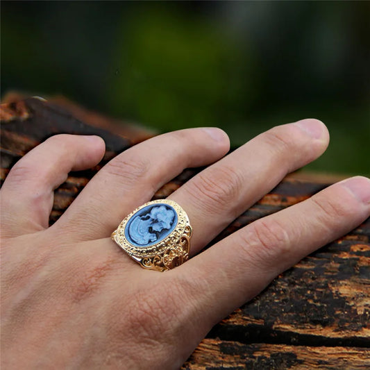 Luckacco 6 Colors Lady Queen Cameo Rings For Women Gold Color Pink Blue Gray Fashion Hollow Flower Lady Cameo Ring