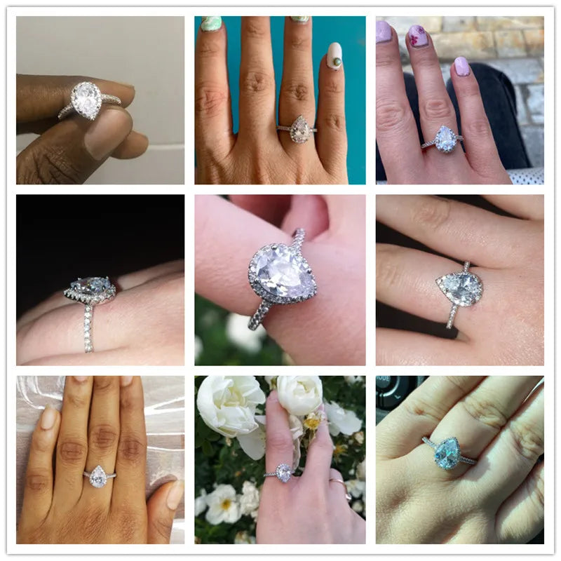 luckacco daily picks hot sale water drop design women ring micro paved crystal zircon elegant bridal wedding engagement jewelry ring for lover