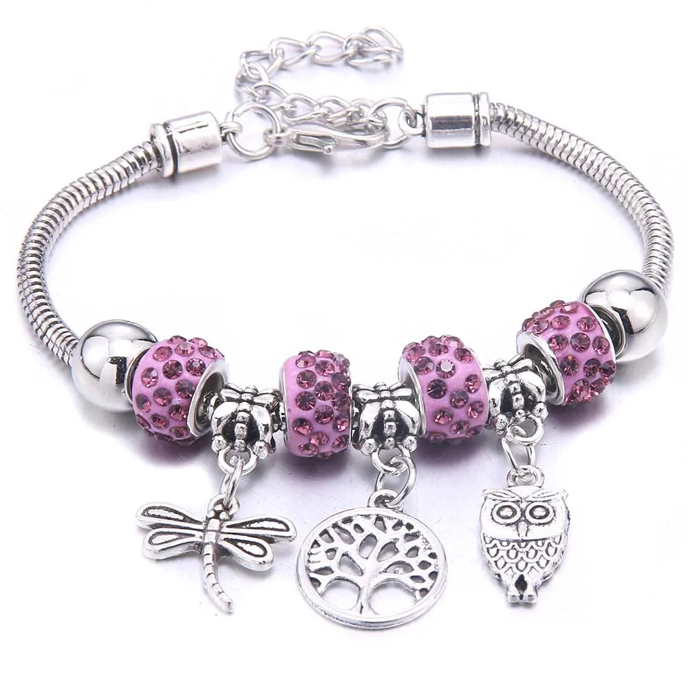 luckacco  dragonfly owl shape crystal charm bracelets beads bracelet women diy beads brand bracelets & bangles jewelry gift