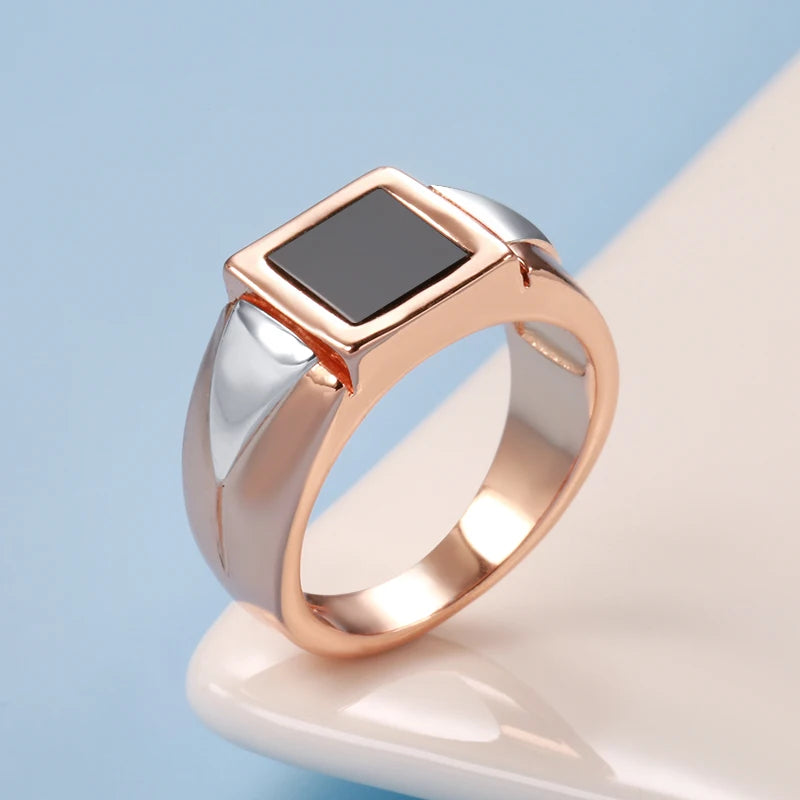 luckacco kinel hot fashion black stone men ring 585 rose gold simple square ring for women high quality daily fine jewelry