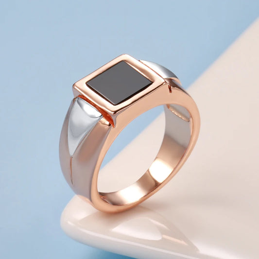 Luckacco Kinel Hot Fashion Black Stone Men Ring 585 Rose Gold Simple Square Ring For Women High Quality Daily Fine Jewelry