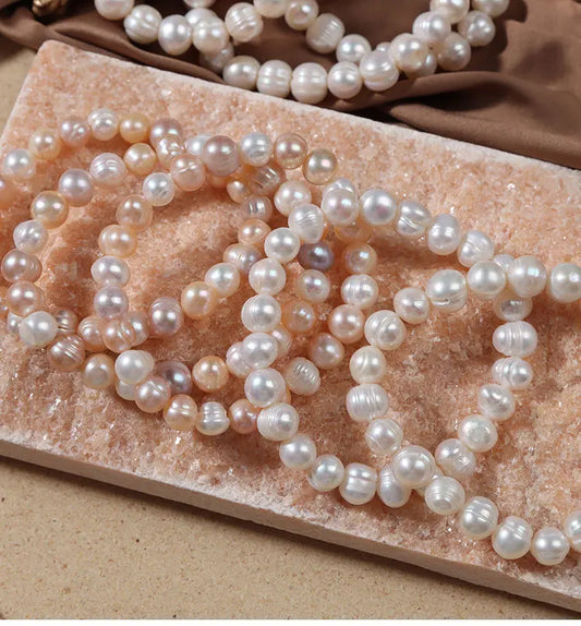 Luckacco Elegant Natural Freshwater Pearl Bracelets for Women White Baroque Pearl Charm Elastic Bangle Fine Jewelry Wedding Party 8-9mm