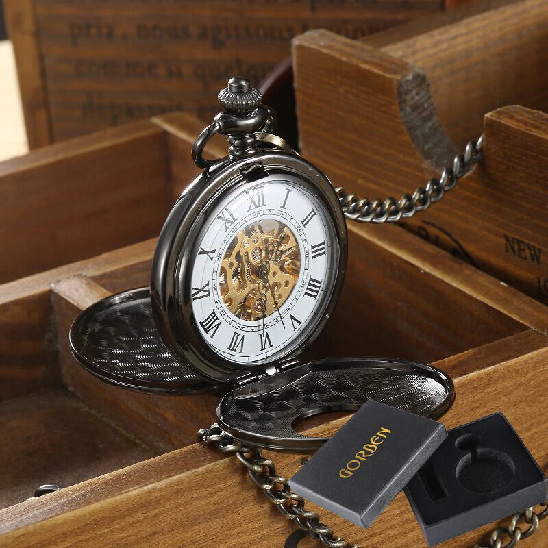 luckacco vintage 2 sides open case mechanical men's watch double face roman dial clock hand wind pocket watch with fob chain gift