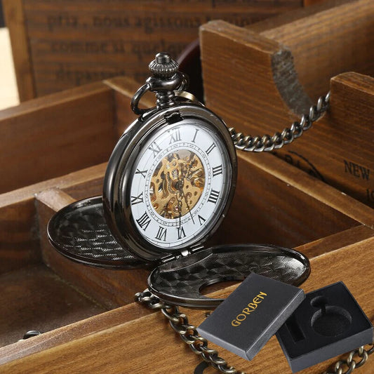 Luckacco Vintage 2 Sides Open Case Mechanical Men's Watch Double Face Roman Dial Clock Hand Wind Pocket Watch With FOB Chain Gift