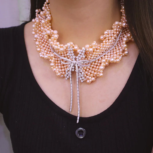 Luckacco Fine Jewelry Luxury 925 Silver Bowknot White Gray Natural Freshwater Pearl Collar Wide Necklace Vintage Women