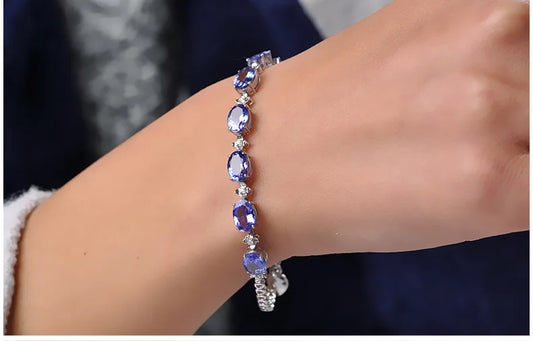 Luckacco Luxury 100% S925 Silver Bracelets For Woman With Blue Sapphire Gemstone Lady Fine Jewelry  Gift