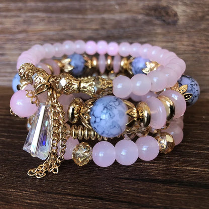 Luckacco Bohemian 4pcs Crystal Multi-layer Beaded Bracelet for Women Sweet Girls Colorful Round Shape Jewelry Friendship  Gifts