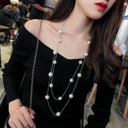 Luckacco FSUNION 2025 New Long Double Layer Simulated Pearl Necklace Women Sweater Chain  Female Collares Statement Jewlery Gifts