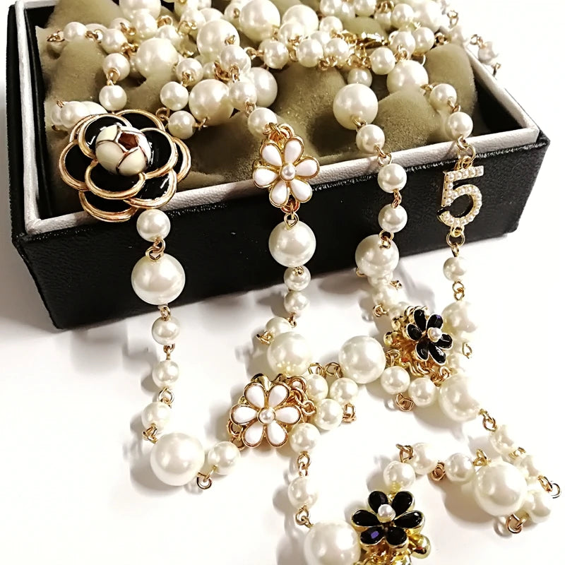 luckacco mimiyagu long simulated pearl necklace for women  double layer  pendant sweater chain  party  jewelry