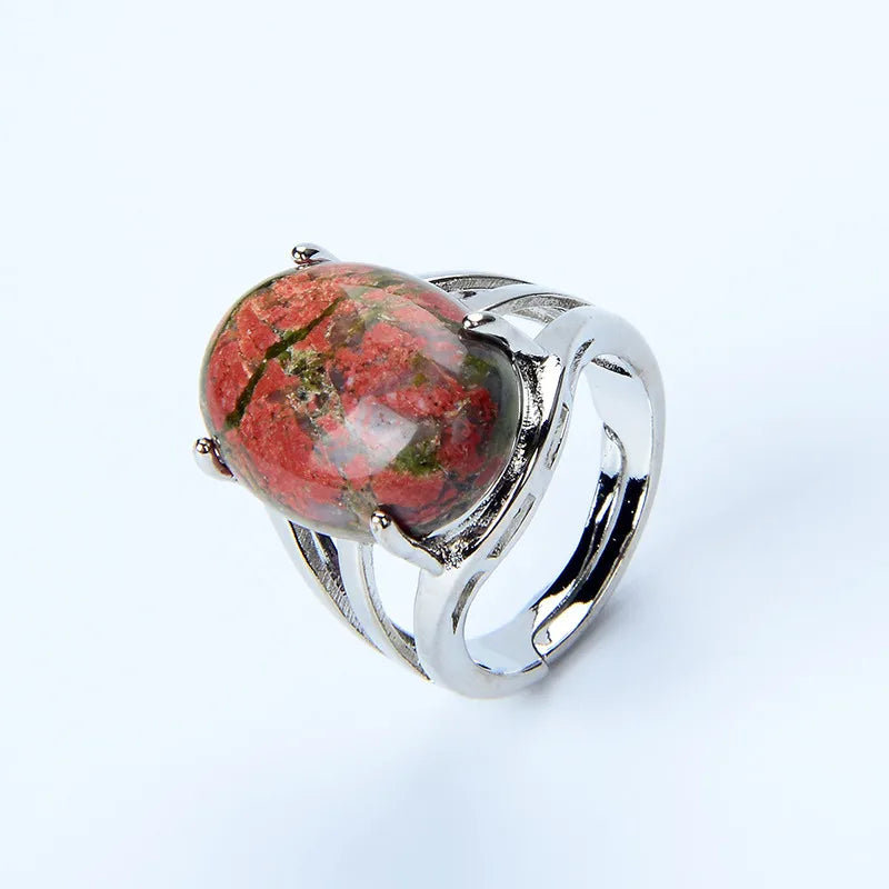luckacco new women fashion ring natural stone pink quartz purple crystal lapis opening rings opal oval bead adjustable size party jewelry
