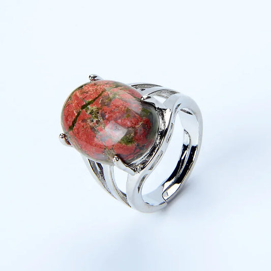 Luckacco New Women Fashion Ring Natural Stone Pink Quartz Purple Crystal Lapis Opening Rings Opal Oval Bead Adjustable Size Party Jewelry