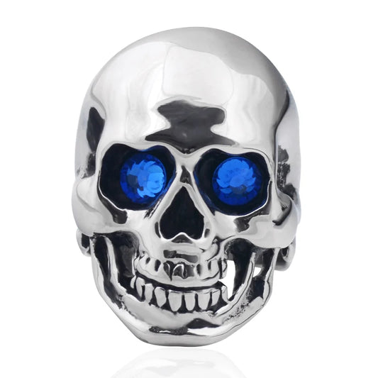 Luckacco Men's Solid Skull Ring Gothic Punk Biker Rider Red/Blue Eyes Vintage Stainless Steel Skeleton Finger Band Men Jewelry