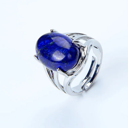 Luckacco New Women Fashion Ring Natural Stone Pink Quartz Purple Crystal Lapis Opening Rings Opal Oval Bead Adjustable Size Party Jewelry