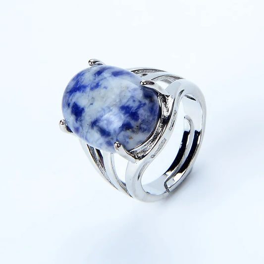 Luckacco New Women Fashion Ring Natural Stone Pink Quartz Purple Crystal Lapis Opening Rings Opal Oval Bead Adjustable Size Party Jewelry