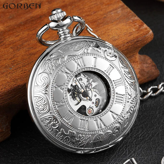 Luckacco Vintage 2 Sides Open Case Mechanical Men's Watch Double Face Roman Dial Clock Hand Wind Pocket Watch With FOB Chain Gift
