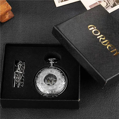 luckacco vintage 2 sides open case mechanical men's watch double face roman dial clock hand wind pocket watch with fob chain gift
