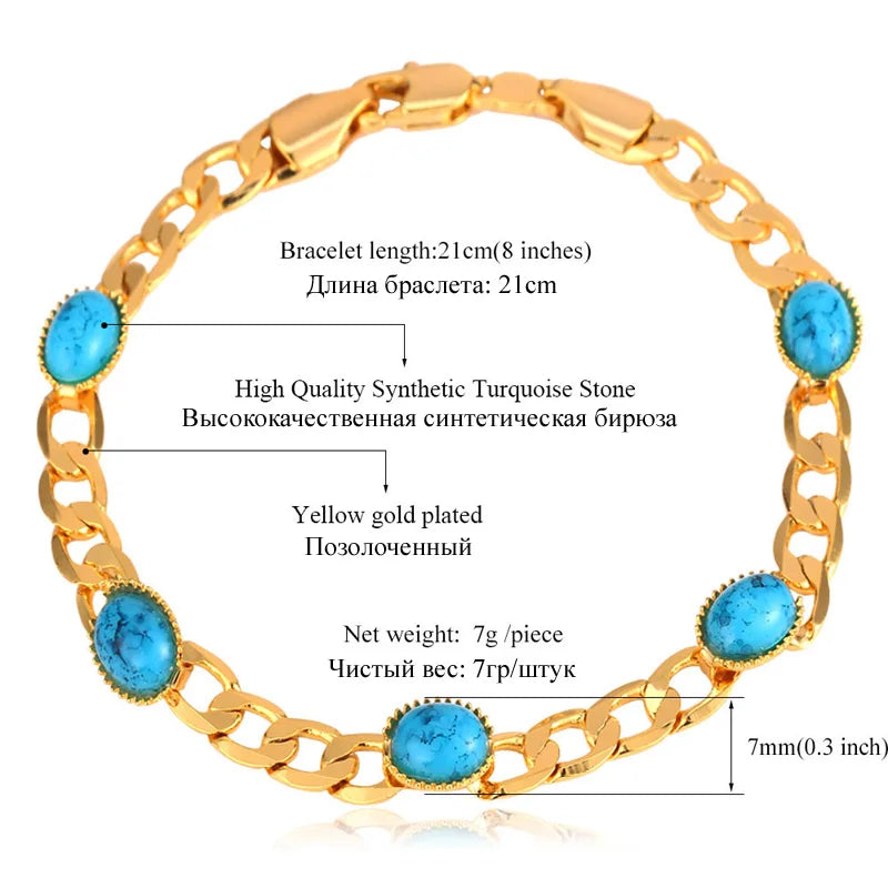 luckacco u7 gold color oval horse eyes round blue turquoise stone beaded chain bracelets for women boho jewelry gift for her qc