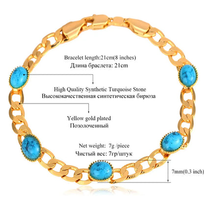 Luckacco U7 Gold Color Oval Horse Eyes Round Blue Turquoise Stone Beaded Chain Bracelets for Women Boho Jewelry Gift for Her QC