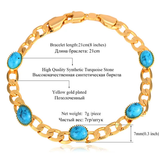 Luckacco U7 Gold Color Oval Horse Eyes Round Blue Turquoise Stone Beaded Chain Bracelets for Women Boho Jewelry Gift for Her QC