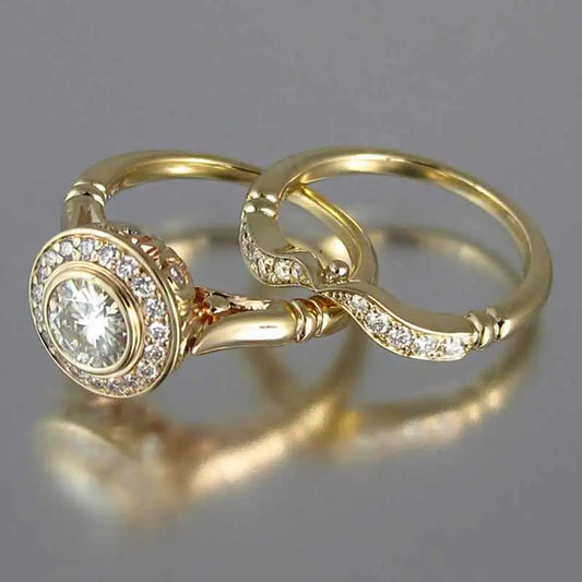 Luckacco daily picks Golden Color 2PC Bridal Ring Sets Romantic Proposal Wedding Rings Foe Women Trendy Round Stone Setting  Lots