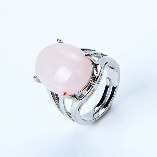 Luckacco New Women Fashion Ring Natural Stone Pink Quartz Purple Crystal Lapis Opening Rings Opal Oval Bead Adjustable Size Party Jewelry