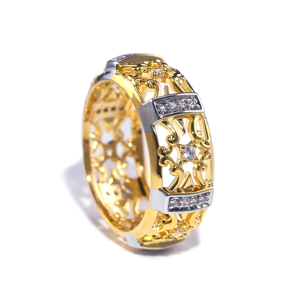 luckacco daily picks 2019 new ethnic strength ring fashion gold color hollow band geometric cubic zircon stone hot selling engagement ring