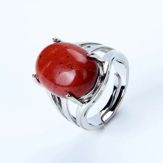 Luckacco New Women Fashion Ring Natural Stone Pink Quartz Purple Crystal Lapis Opening Rings Opal Oval Bead Adjustable Size Party Jewelry