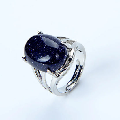 Luckacco New Women Fashion Ring Natural Stone Pink Quartz Purple Crystal Lapis Opening Rings Opal Oval Bead Adjustable Size Party Jewelry